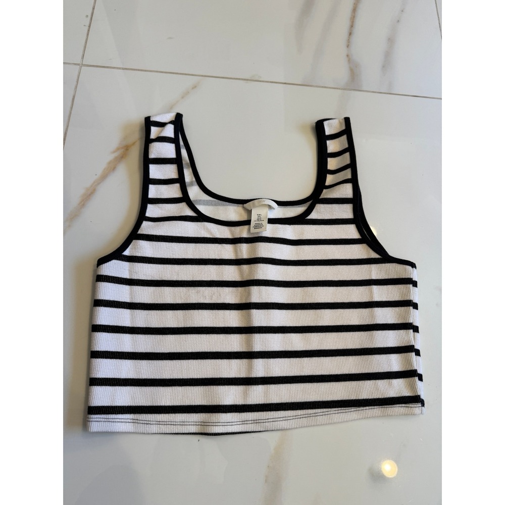 H&M Womens Striped Ribbed‎ Crop Tank Top Black White Square Neck Large